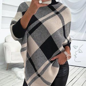 Shein Mock Neck Plaid Knit Poncho
